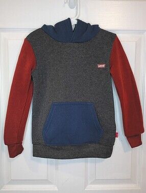 Levi's Boys Hoodie Size 4 Gray with Red Sleeves and Navy Accents